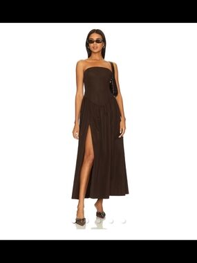 LPA Giana Maxi Dress chocolate Brown Strapless Brown Maxi Dress with Front Slit